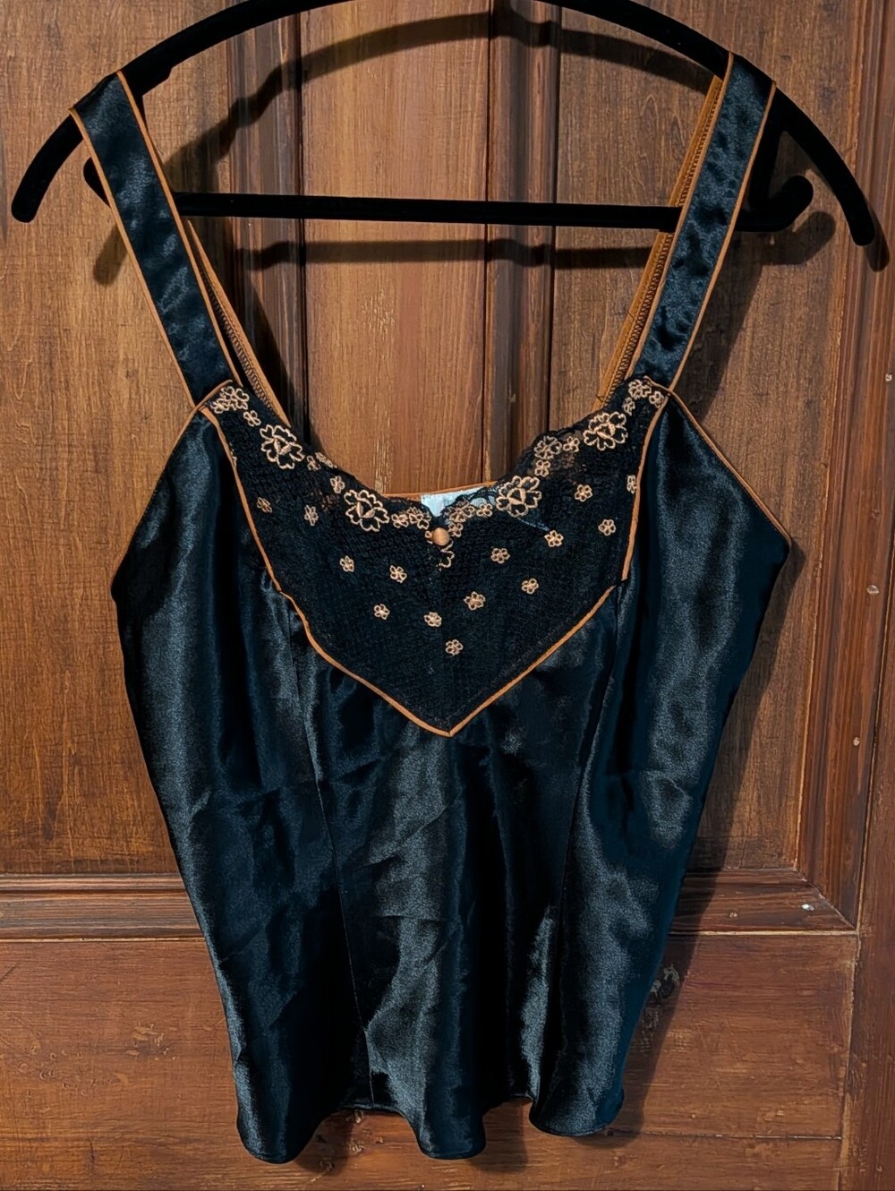 Vintage Black Satin Embroidered Cami Top